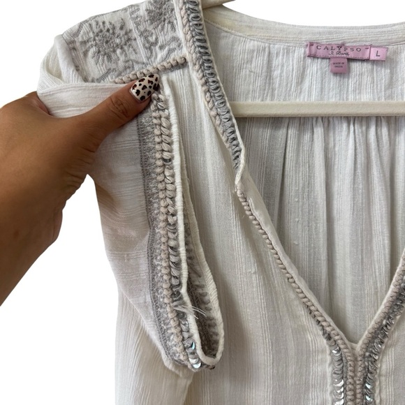 Calypso St. Barth Sequined Crochet Blouse Top Size Lg White Gray Boho Boxy Work - Picture 5 of 11